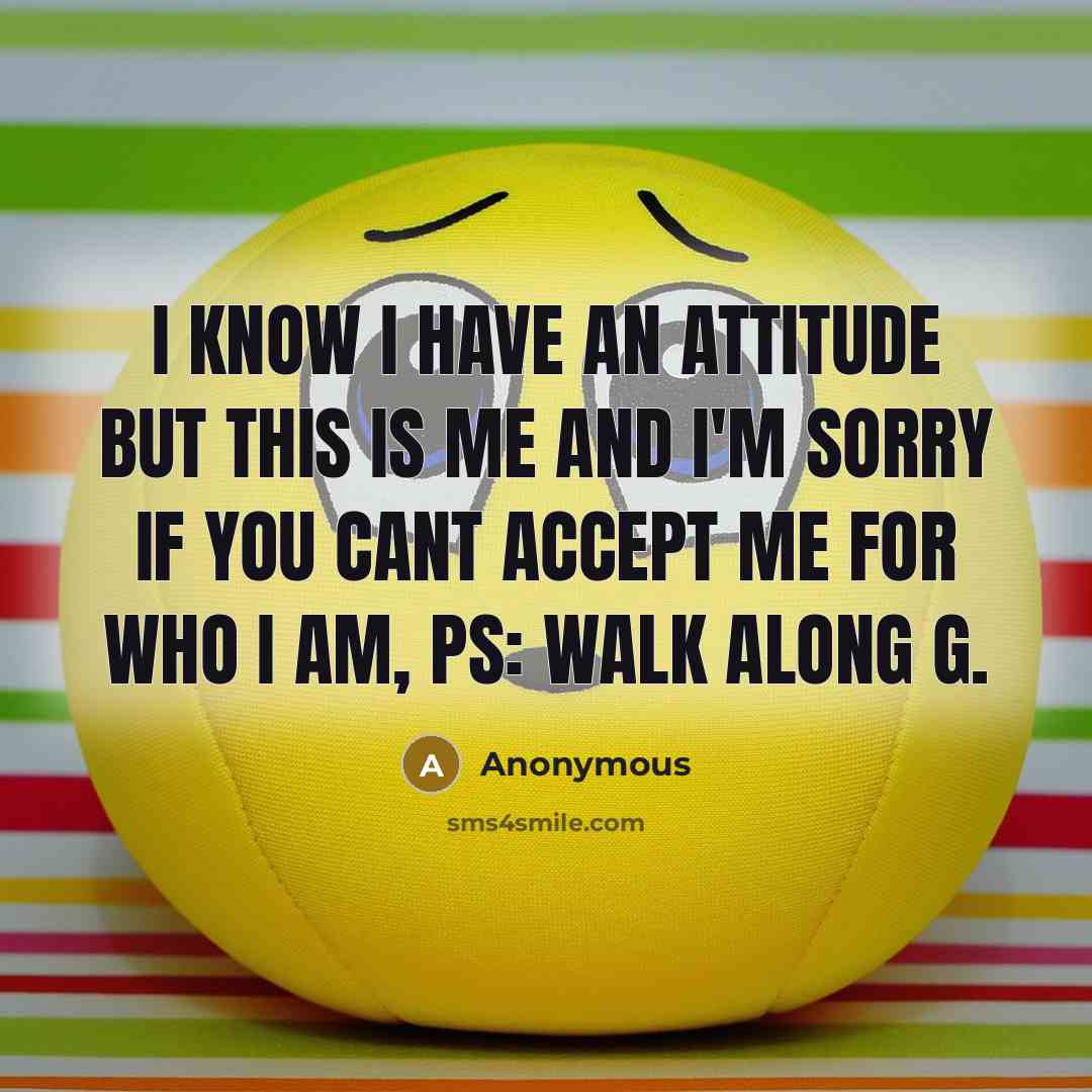“I know I have an attitude but this is me and I'm sorry if you cant accept me for who I am, PS: walk along G.” quote by Anonymous