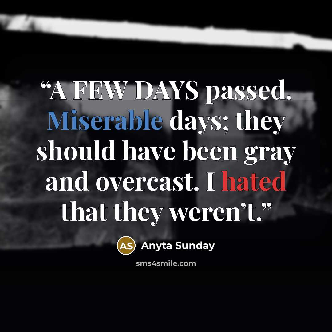 “A FEW DAYS passed. Miserable days; they should have been gray and overcast. I hated that they weren’t.” quote by Anyta Sunday