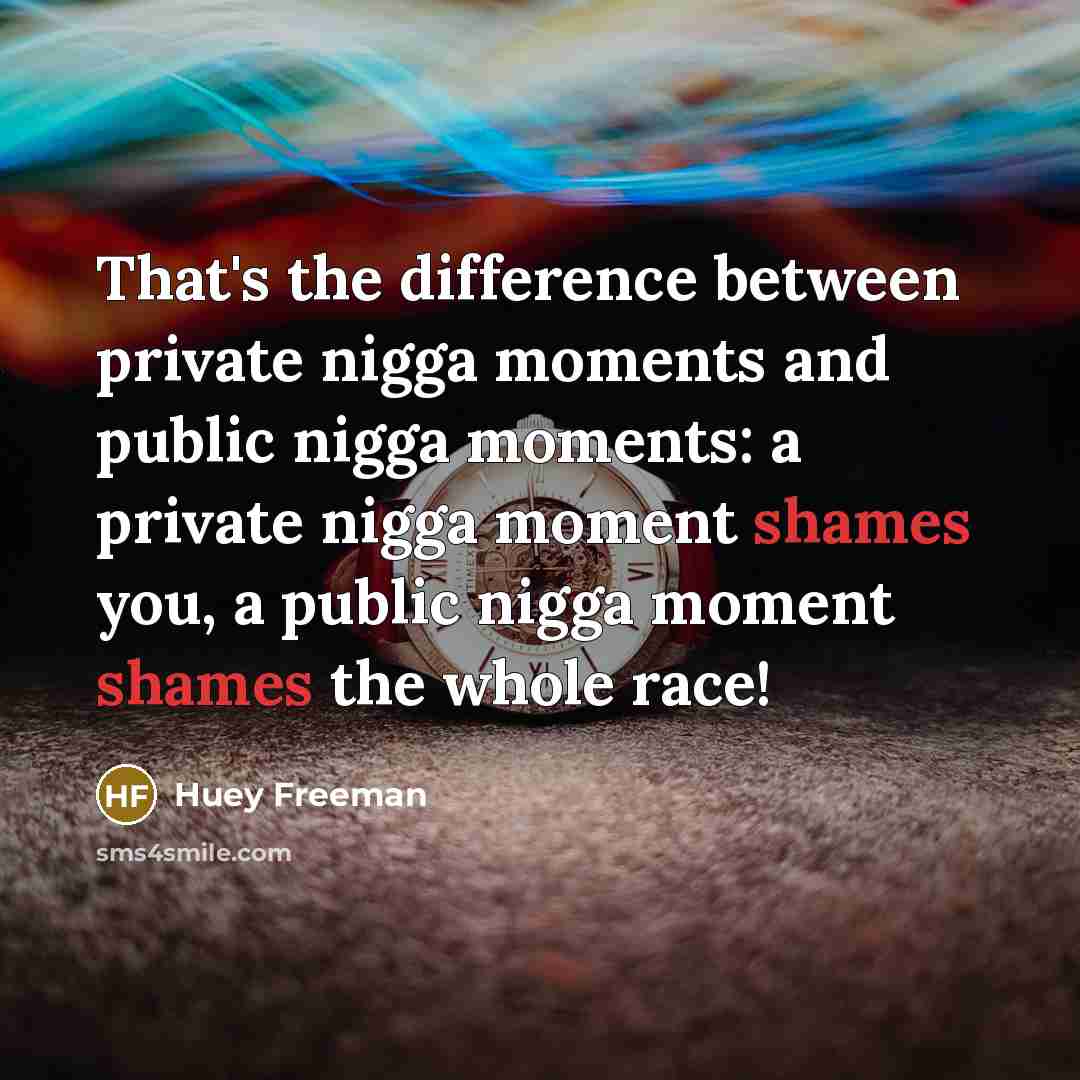“That's the difference between private nigga moments and public nigga moments: a private nigga moment shames you, a public nigga moment shames the whole race!” quote by Huey Freeman