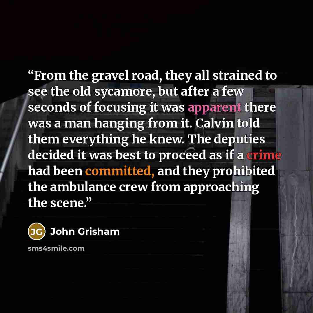 “From the gravel road, they all strained to see the old sycamore, but after a few seconds of focusing it was apparent there was a man hanging from it. Calvin told them everything he knew. The deputies decided it was best to proceed as if a crime had been committed, and they prohibited the ambulance…” quote by John Grisham
