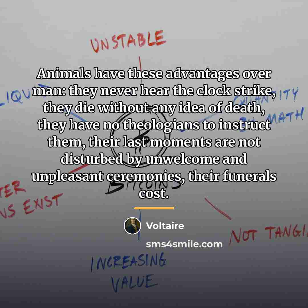 “Animals have these advantages over man: they never hear the…” quote by Voltaire