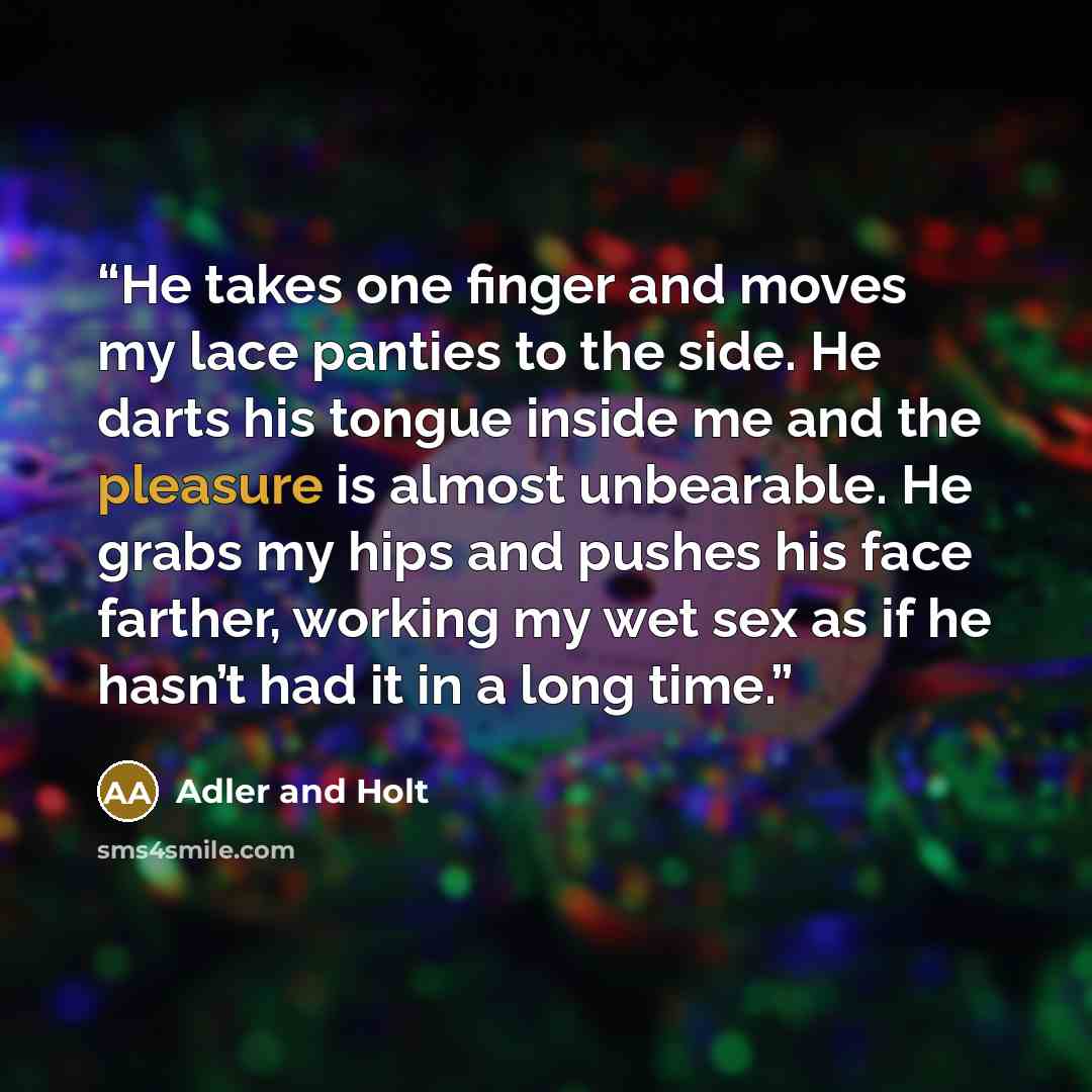 “He takes one finger and moves my lace panties to the side. He darts his tongue inside me and the pleasure is almost unbearable. He grabs my hips and pushes his face farther, working my wet sex as if he hasn’t had it in a long time.” quote by Adler and Holt
