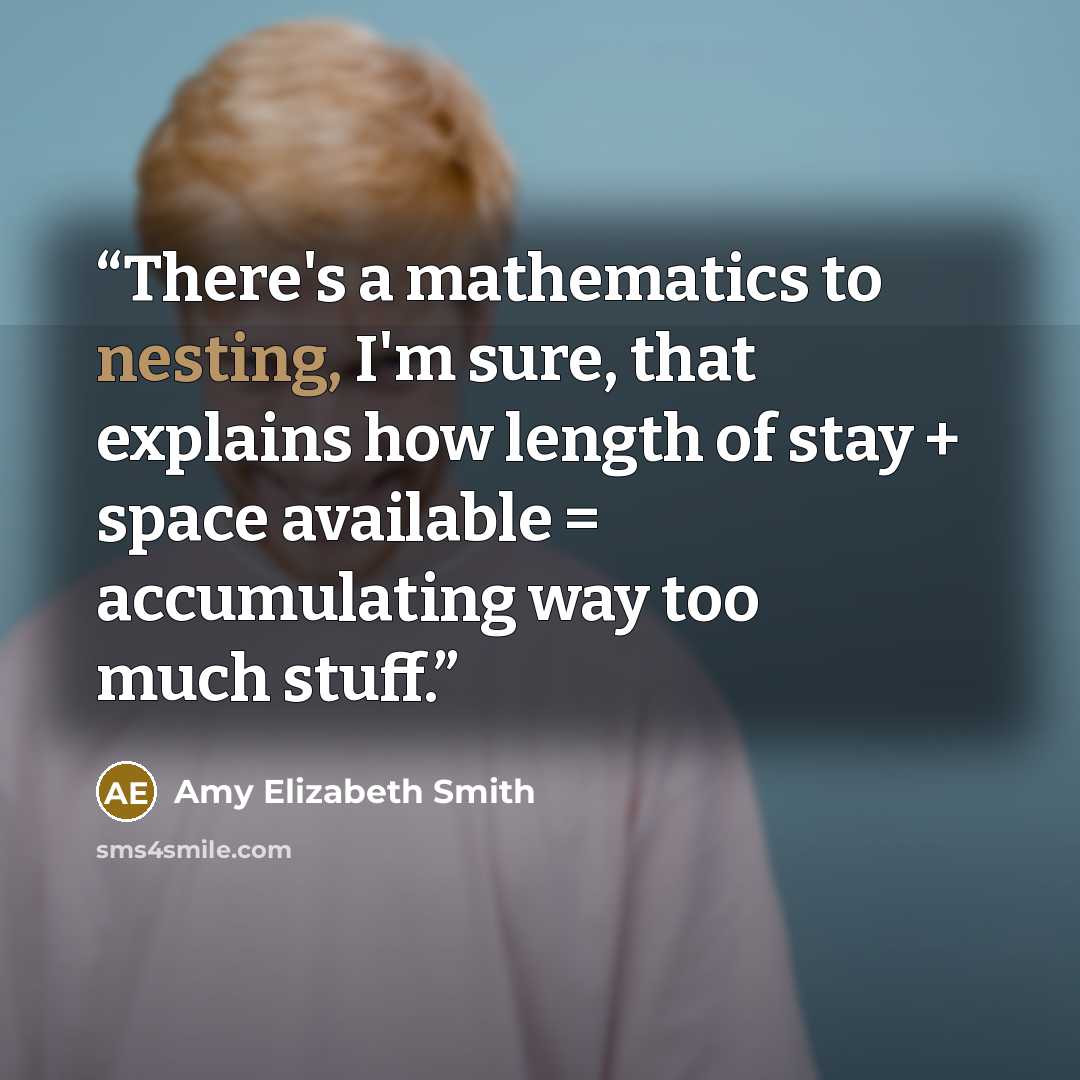 “There's a mathematics to nesting, I'm sure, that explains how length of stay + space available = accumulating way too much stuff.” quote by Amy Elizabeth Smith