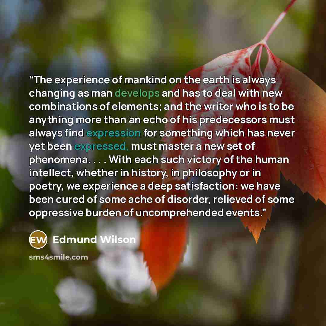 “The experience of mankind on the earth is always changing as man develops and has to deal with new combinations of elements; and the writer who is to be anything more than an echo of his predecessors must always find expression for something which has never yet been expressed, must master a new…” quote by Edmund Wilson