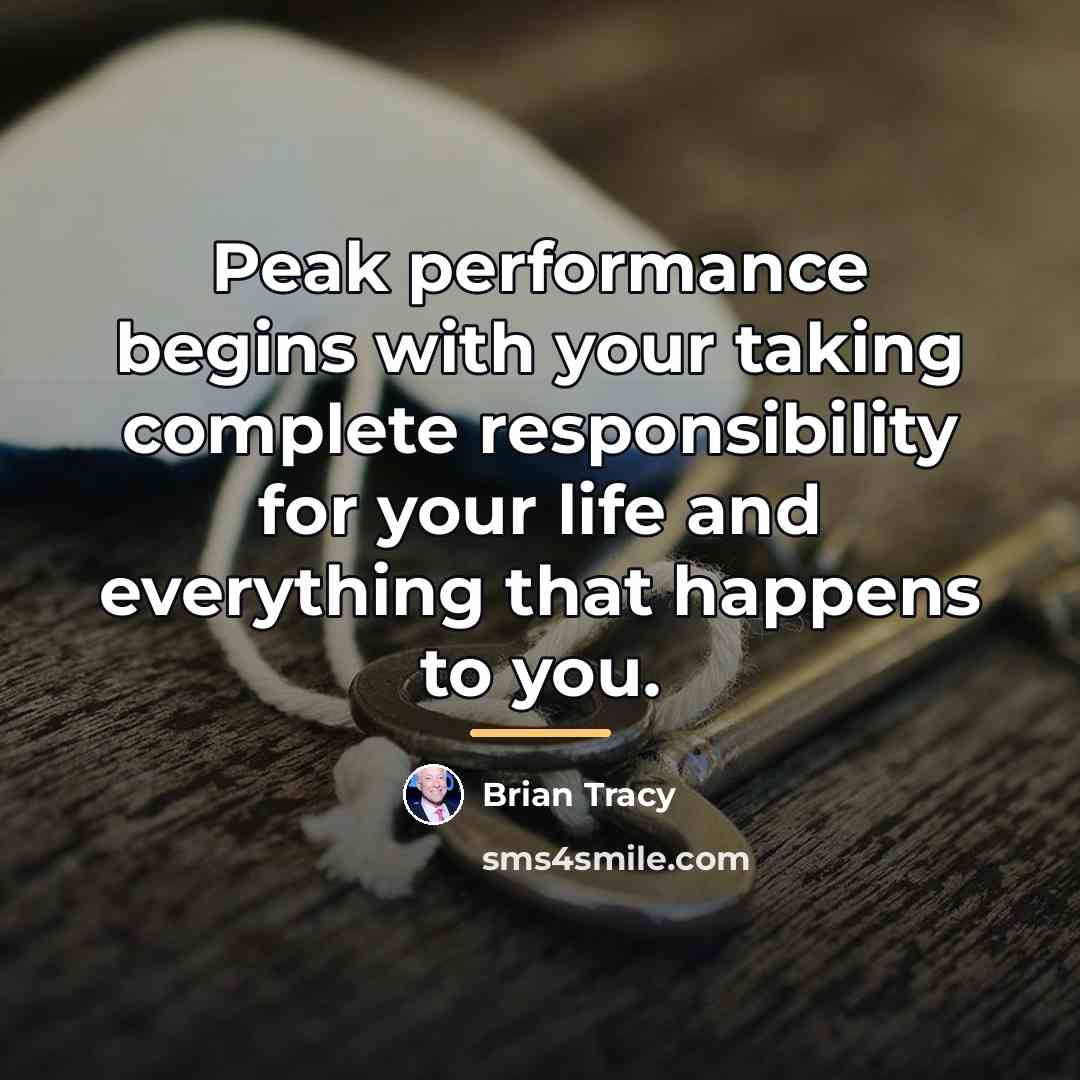 “Peak performance begins with your taking complete responsibility for your…” quote by Brian Tracy