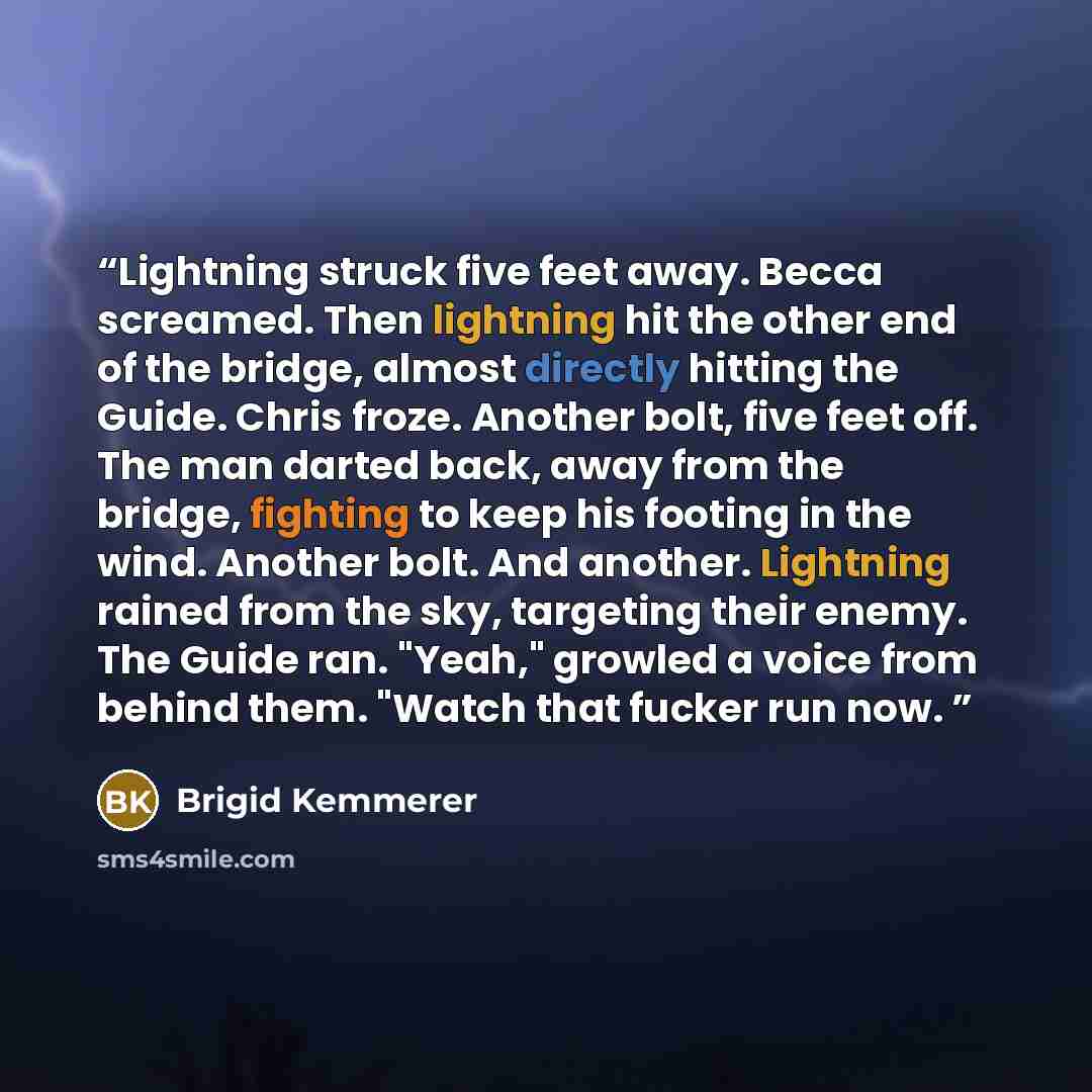 “Lightning struck five feet away. Becca screamed. Then lightning hit the other end of the bridge, almost directly hitting the Guide. Chris froze. Another bolt, five feet off. The man darted back, away from the bridge, fighting to keep his footing in the wind. Another bolt. And another. Lightning…” quote by Brigid Kemmerer