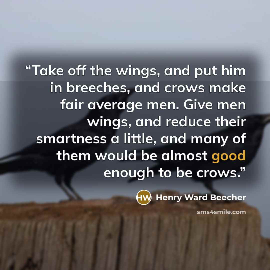 “Take off the wings, and put him in breeches, and crows make fair average men. Give men wings, and reduce their smartness a little, and many of them would be almost good enough to be crows.” quote by Henry Ward Beecher