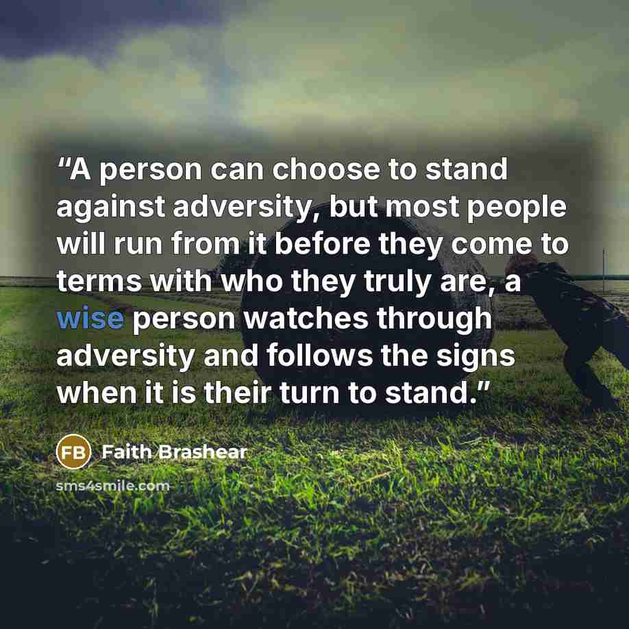 “A person can choose to stand against adversity, but most people will run from it before they come to terms with who they truly are, a wise person watches through adversity and follows the signs when it is their turn to stand.” quote by Faith Brashear