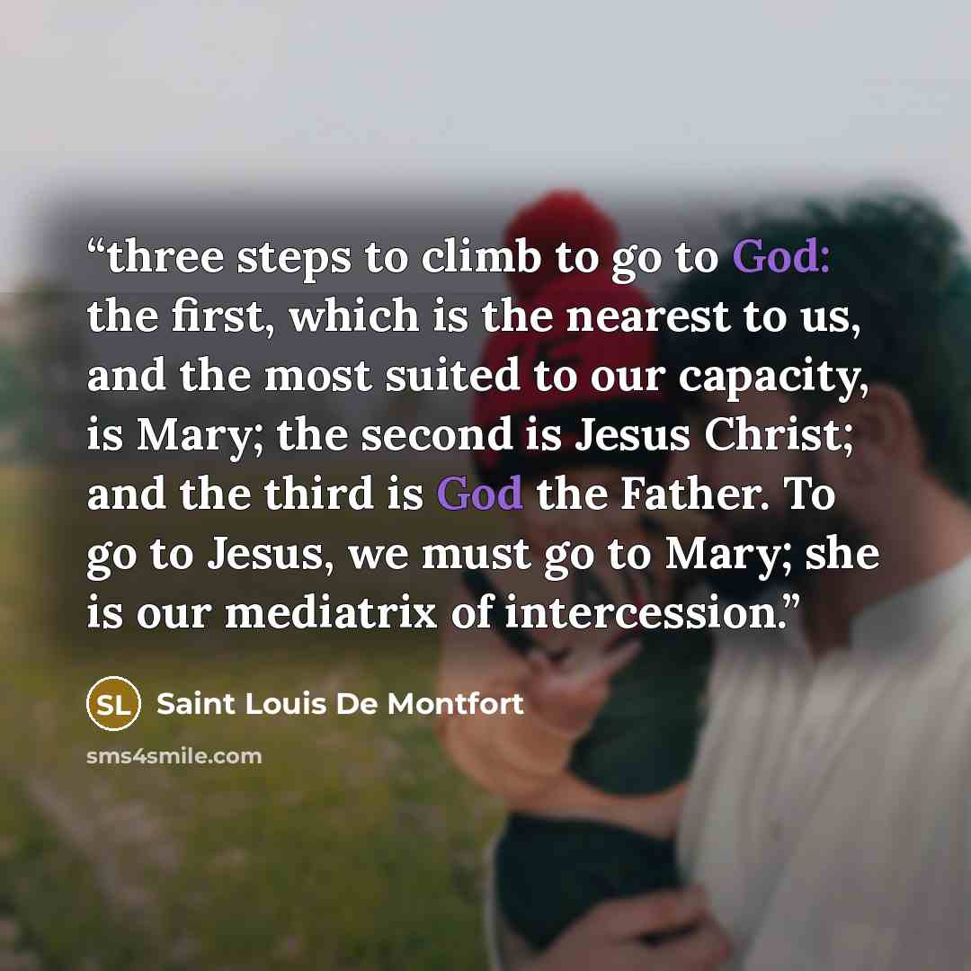 “three steps to climb to go to God: the first, which is the nearest to us, and the most suited to our capacity, is Mary; the second is Jesus Christ; and the third is God the Father. To go to Jesus, we must go to Mary; she is our mediatrix of intercession.” quote by Saint Louis De Montfort