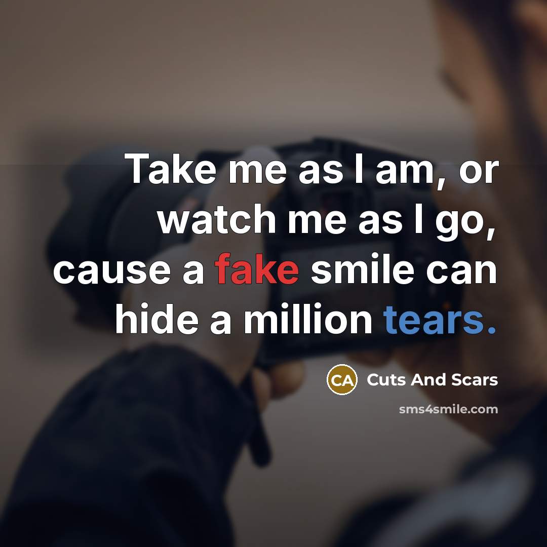 “Take me as I am, or watch me as I go, cause a fake smile can hide a million tears.” quote by Cuts And Scars