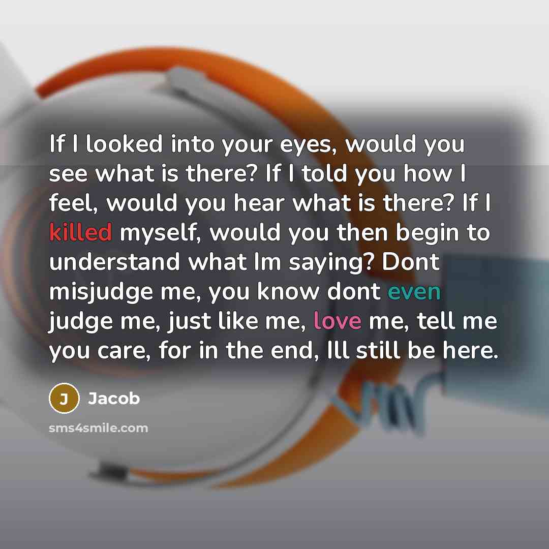 “If I looked into your eyes, would you see what is there? If I told you how I feel, would you hear what is there? If I killed myself, would you then begin to understand what Im saying? Dont misjudge me, you know dont even judge me, just like me, love me, tell me you care, for in the end, Ill still…” quote by Jacob
