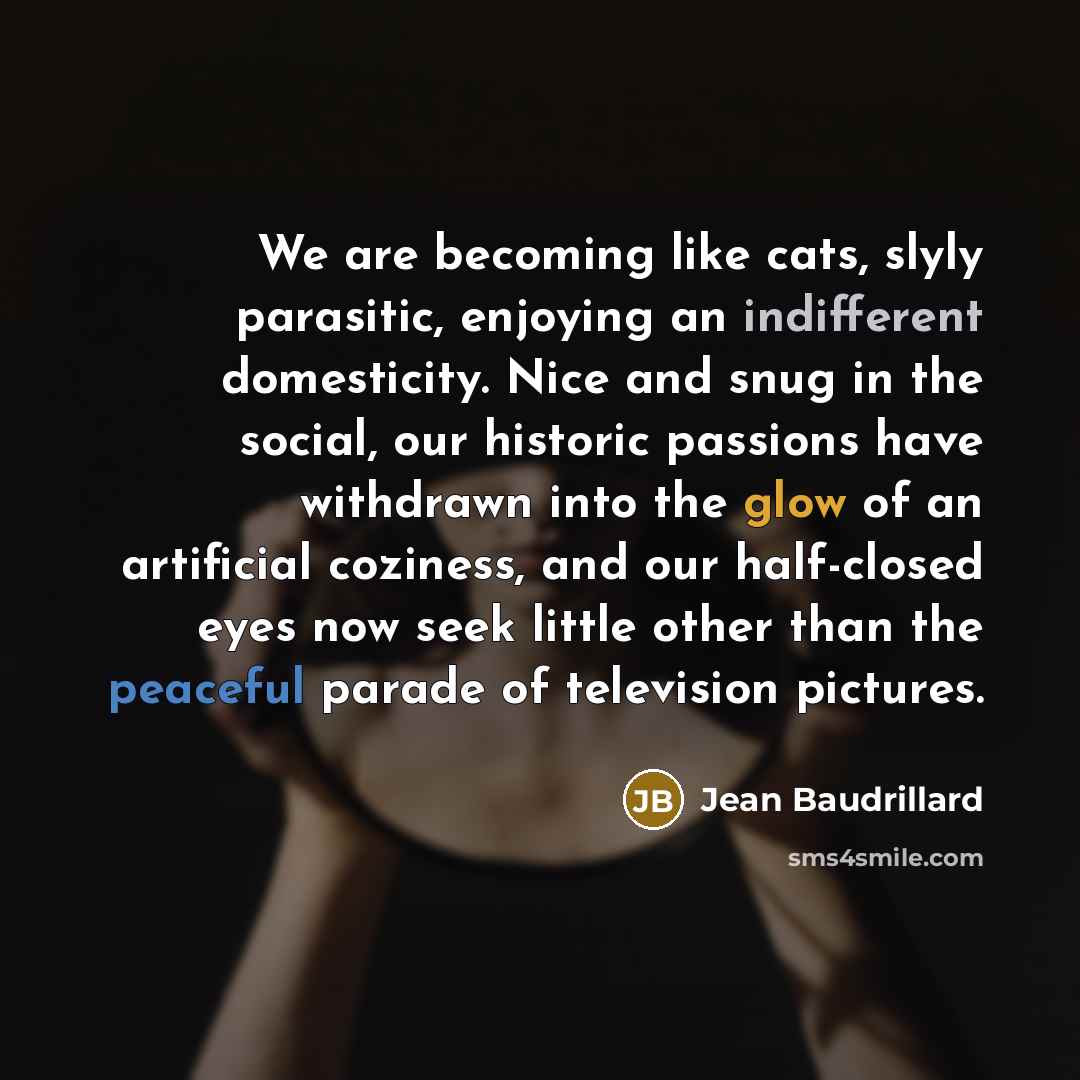 “We are becoming like cats, slyly parasitic, enjoying an indifferent…” quote by Jean Baudrillard