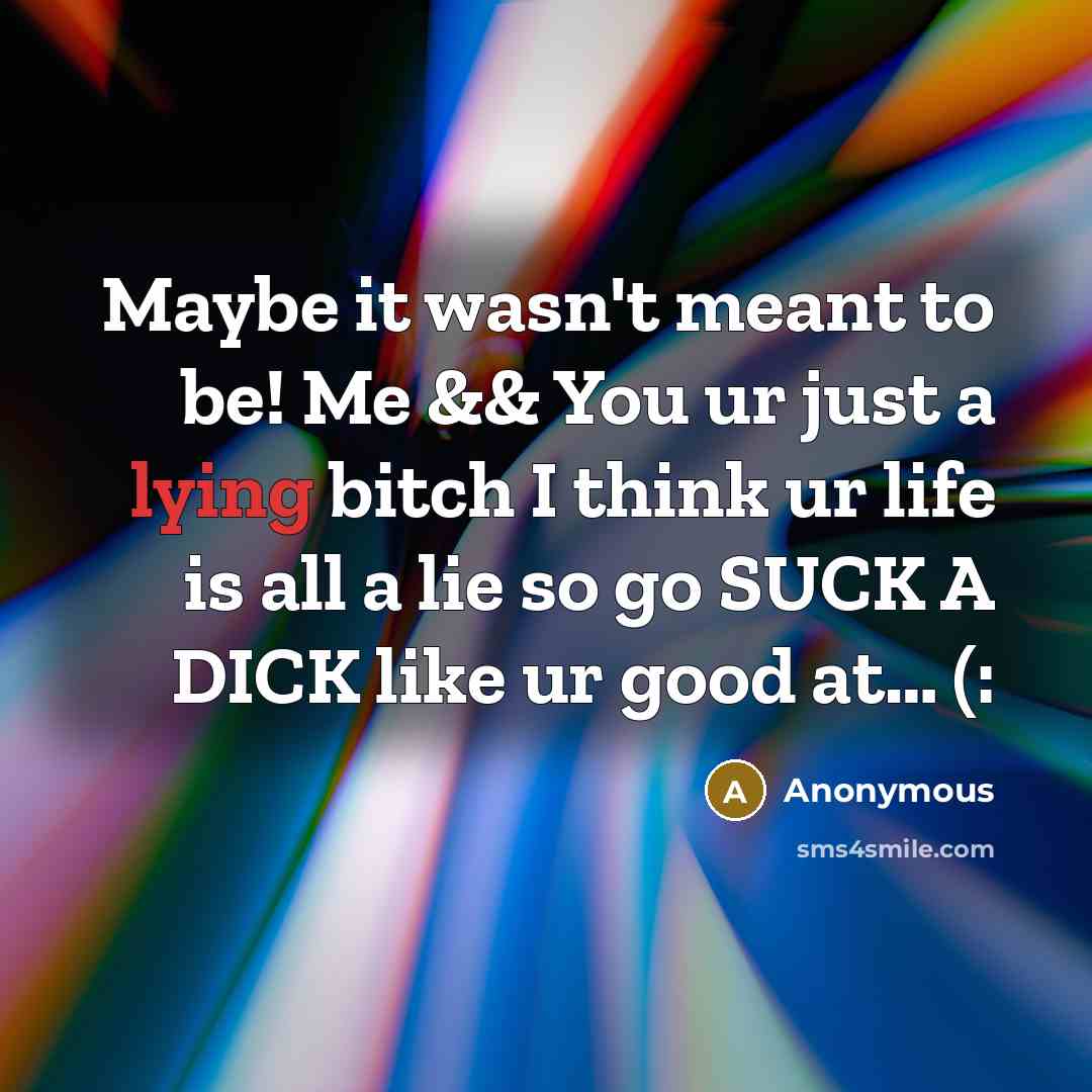 “Maybe it wasn't meant to be! Me && You ur just a lying bitch I think ur life is all a lie so go SUCK A DICK like ur good at… (:” quote by Anonymous