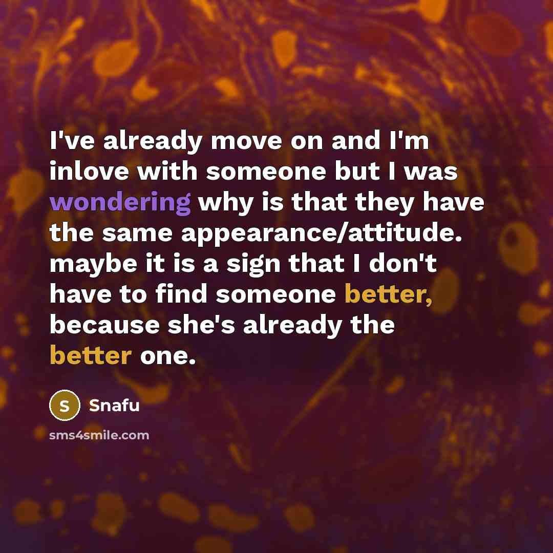 “I've already move on and I'm inlove with someone but I was wondering why is that they have the same appearance/attitude. maybe it is a sign that I don't have to find someone better, because she's already the better one.” quote by Snafu