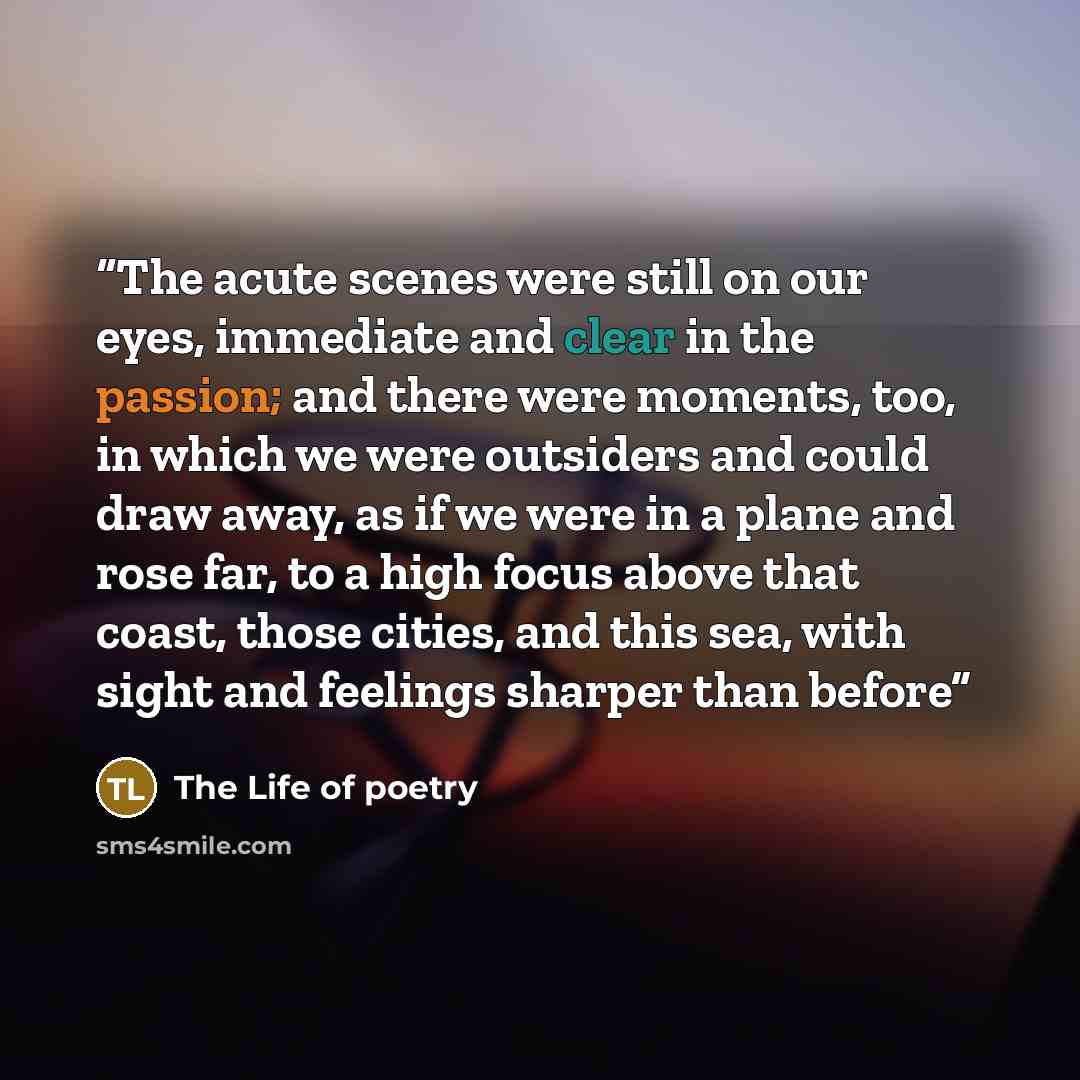 “The acute scenes were still on our eyes, immediate and clear in the passion; and there were moments, too, in which we were outsiders and could draw away, as if we were in a plane and rose far, to a high focus above that coast, those cities, and this sea, with sight and feelings sharper than before” quote by The Life of poetry