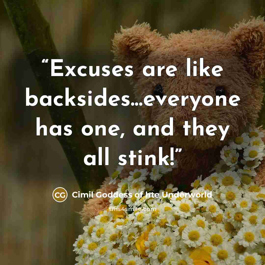 “Excuses are like backsides...everyone has one, and they all stink!” quote by Cimil Goddess of hte Underworld