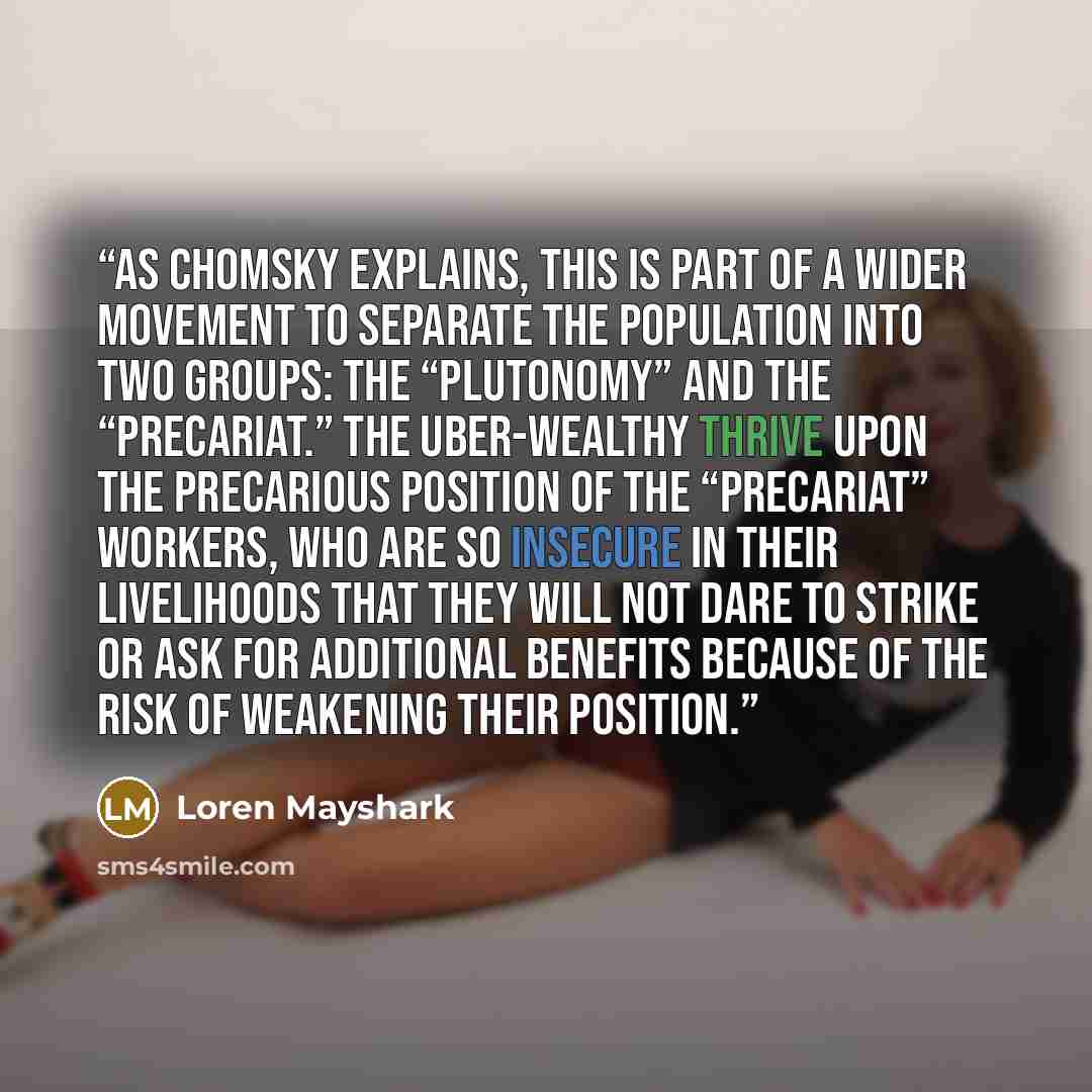 “As Chomsky explains, this is part of a wider movement to separate the population into two groups: the “plutonomy” and the “precariat.” The uber-wealthy thrive upon the precarious position of the “precariat” workers, who are so insecure in their livelihoods that they will not dare to strike or ask…” quote by Loren Mayshark