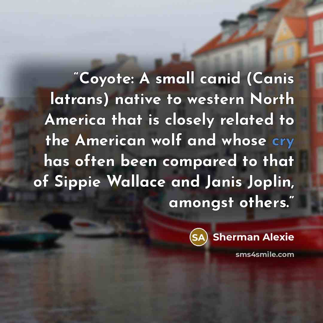 “Coyote: A small canid (Canis latrans) native to western North America that is closely related to the American wolf and whose cry has often been compared to that of Sippie Wallace and Janis Joplin, amongst others.” quote by Sherman Alexie