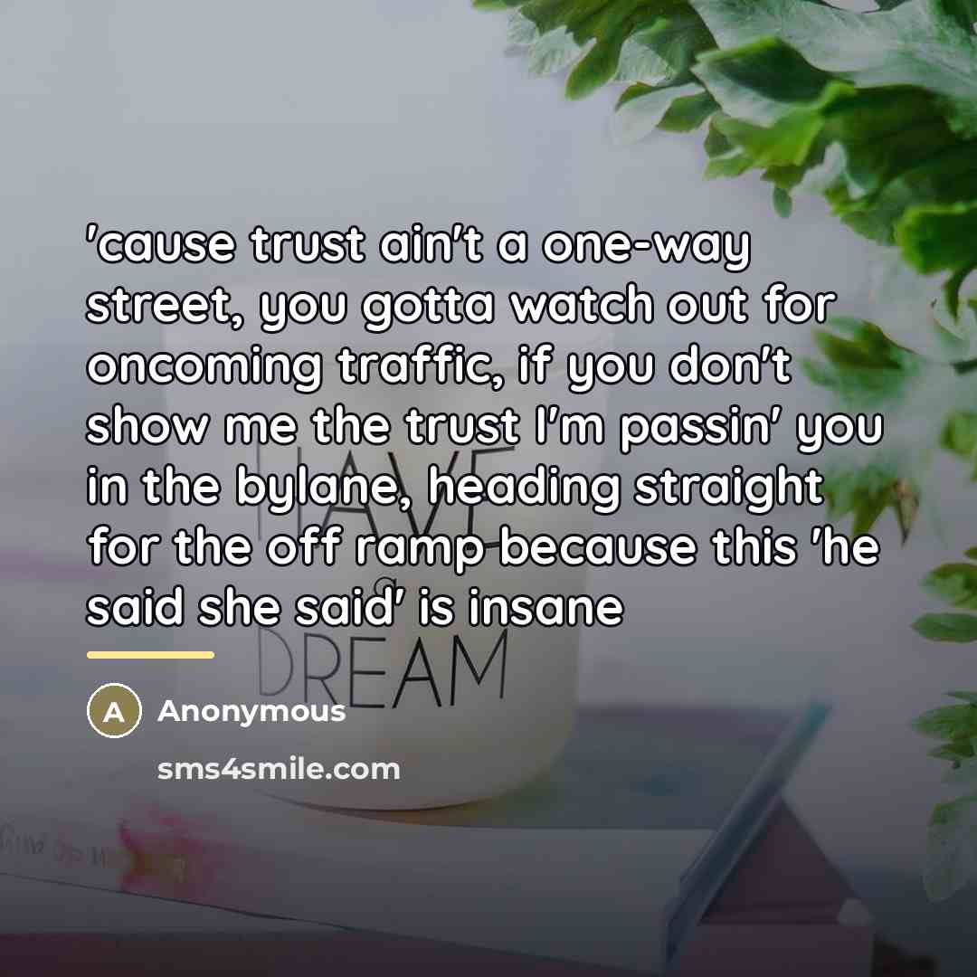 “'cause trust ain't a one-way street, you gotta watch out for oncoming traffic, if you don't show me the trust I'm passin' you in the bylane, heading straight for the off ramp because this 'he said she said' is insane” quote by Anonymous