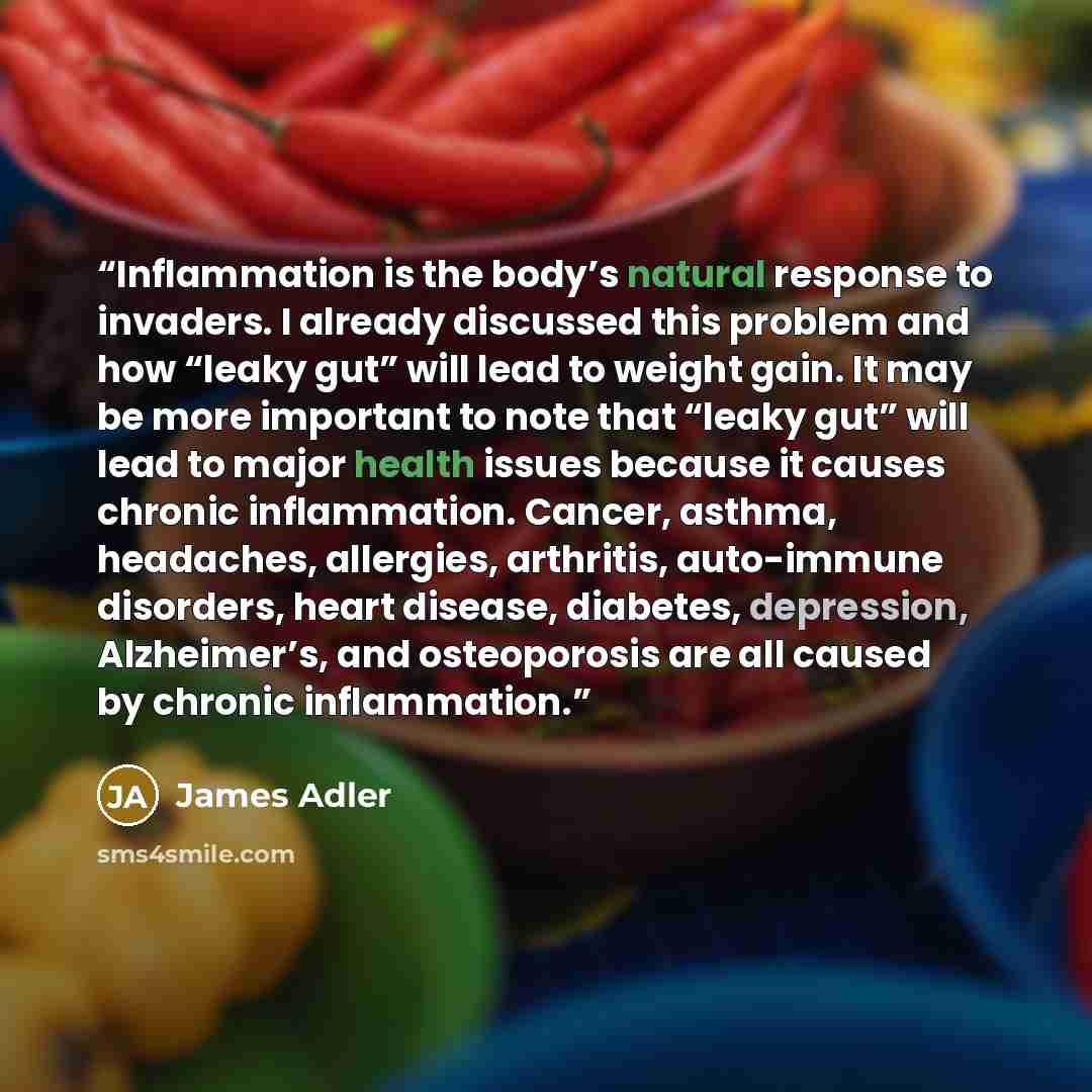 “Inflammation is the body’s natural response to invaders. I already discussed this problem and how “leaky gut” will lead to weight gain. It may be more important to note that “leaky gut” will lead to major health issues because it causes chronic inflammation. Cancer, asthma, headaches, allergies…” quote by James Adler