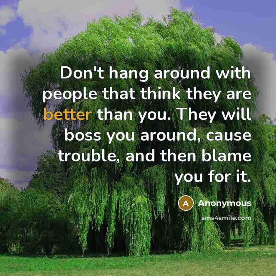 “Don't hang around with people that think they are better than you. They will boss you around, cause trouble, and then blame you for it.” quote by Anonymous