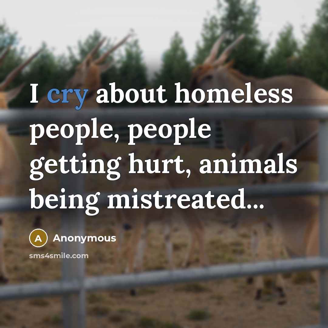 “I cry about homeless people, people getting hurt, animals being…” quote by Anonymous