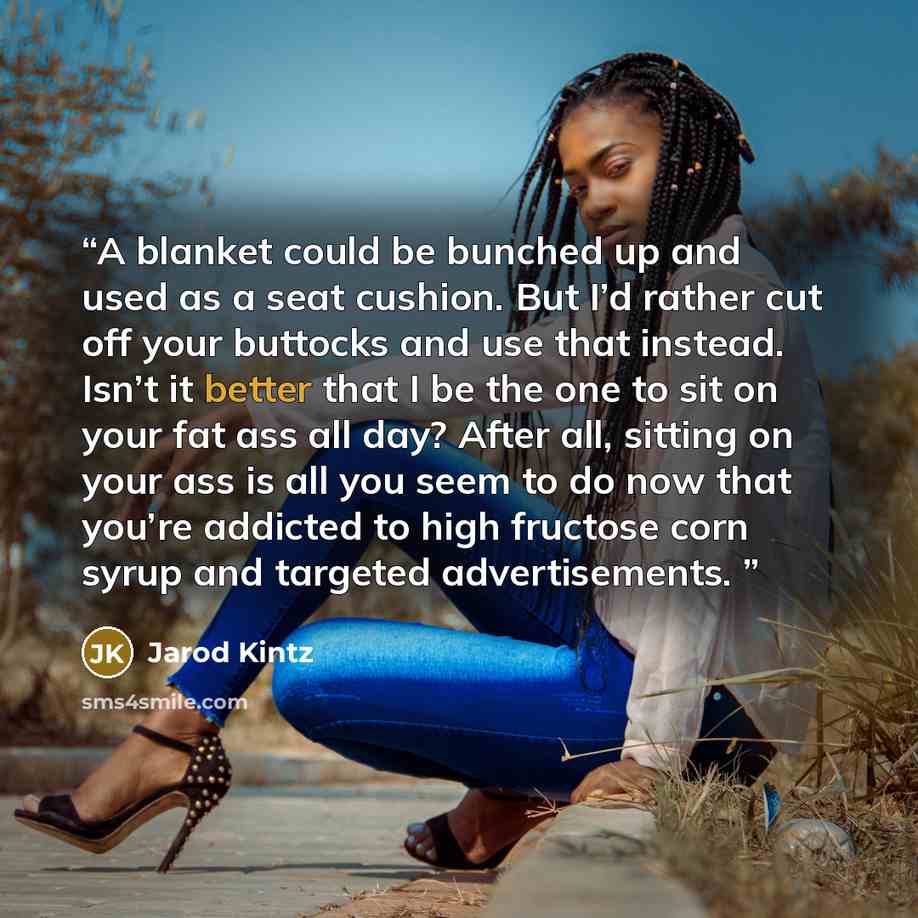 “A blanket could be bunched up and used as a seat cushion. But I’d rather cut off your buttocks and use that instead. Isn’t it better that I be the one to sit on your fat ass all day? After all, sitting on your ass is all you seem to do now that you’re addicted to high fructose corn syrup and…” quote by Jarod Kintz
