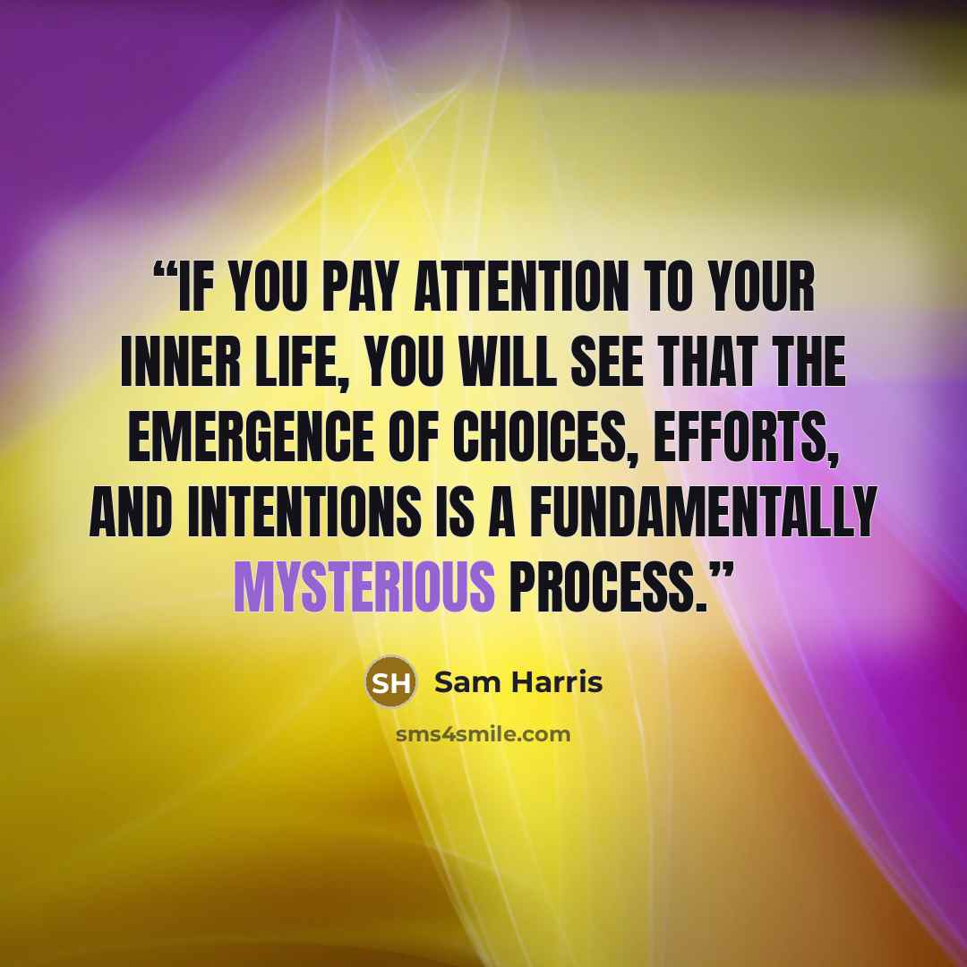 “If you pay attention to your inner life, you will see that the emergence of choices, efforts, and intentions is a fundamentally mysterious process.” quote by Sam Harris