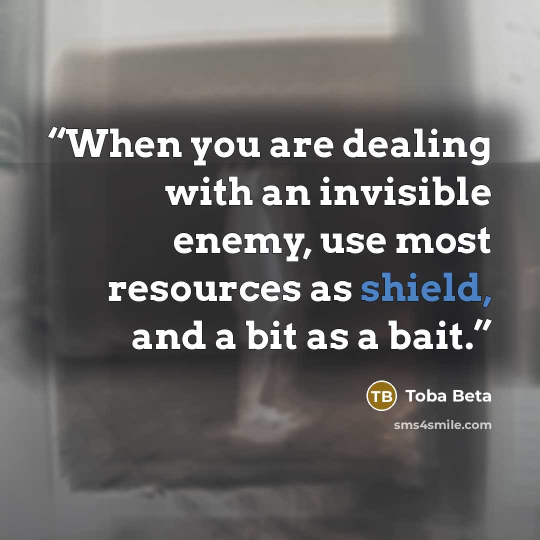 “When you are dealing with an invisible enemy, use most resources as shield, and a bit as a bait.” quote by Toba Beta