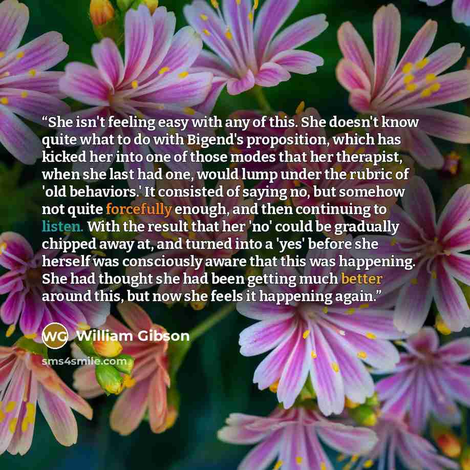 “She isn't feeling easy with any of this. She doesn't know quite what to do with Bigend's proposition, which has kicked her into one of those modes that her therapist, when she last had one, would lump under the rubric of 'old behaviors.' It consisted of saying no, but somehow not quite forcefully…” quote by William Gibson