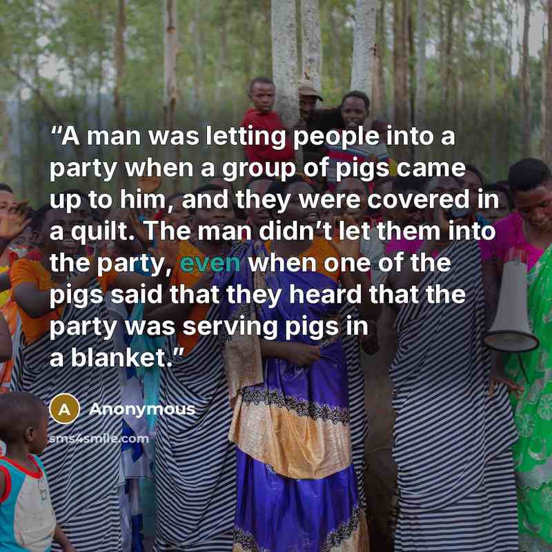 “A man was letting people into a party when a group of pigs came up to him, and they were covered in a quilt. The man didn’t let them into the party, even when one of the pigs said that they heard that the party was serving pigs in a blanket.” quote by Anonymous