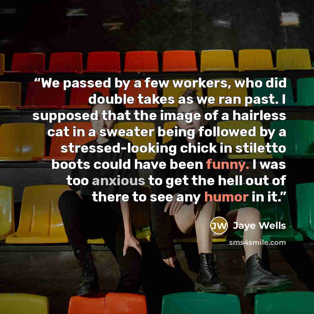 “We passed by a few workers, who did double takes as we ran past. I supposed that the image of a hairless cat in a sweater being followed by a stressed-looking chick in stiletto boots could have been funny. I was too anxious to get the hell out of there to see any humor in it.” quote by Jaye Wells