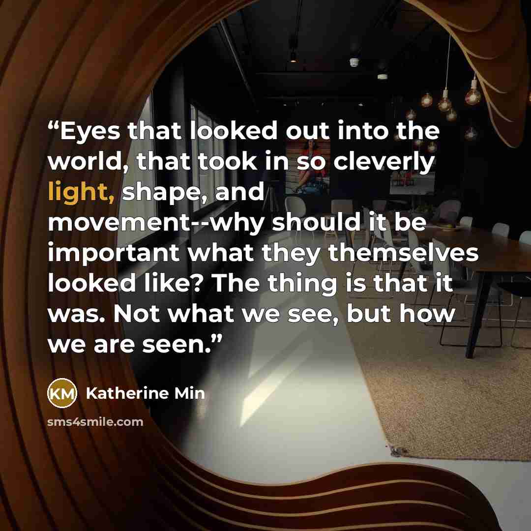 “Eyes that looked out into the world, that took in so cleverly light, shape, and movement--why should it be important what they themselves looked like? The thing is that it was. Not what we see, but how we are seen.” quote by Katherine Min