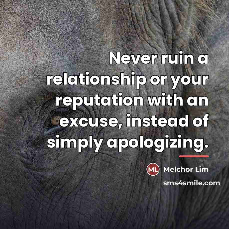 “Never ruin a relationship or your reputation with an excuse,…” quote by Melchor Lim