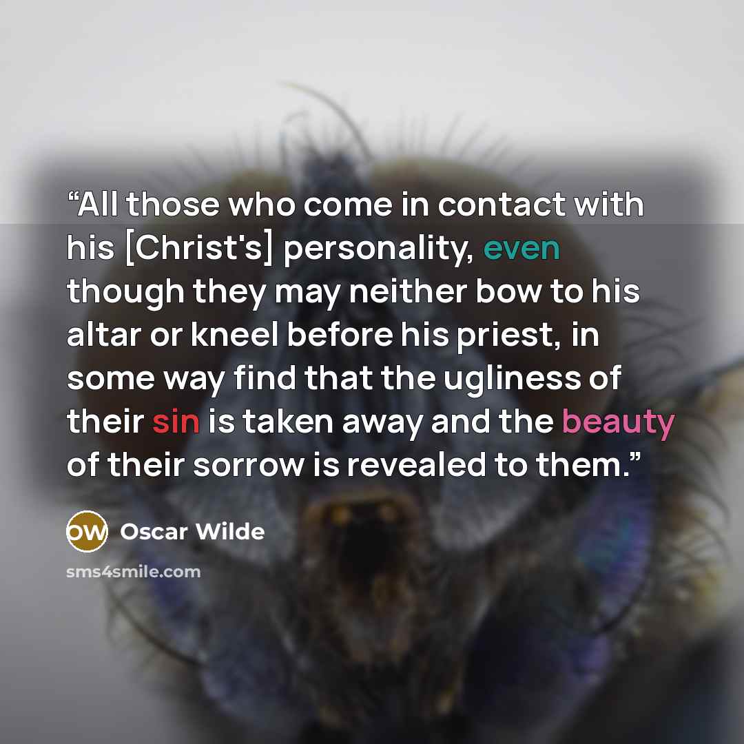 “All those who come in contact with his [Christ's] personality, even though they may neither bow to his altar or kneel before his priest, in some way find that the ugliness of their sin is taken away and the beauty of their sorrow is revealed to them.” quote by Oscar Wilde