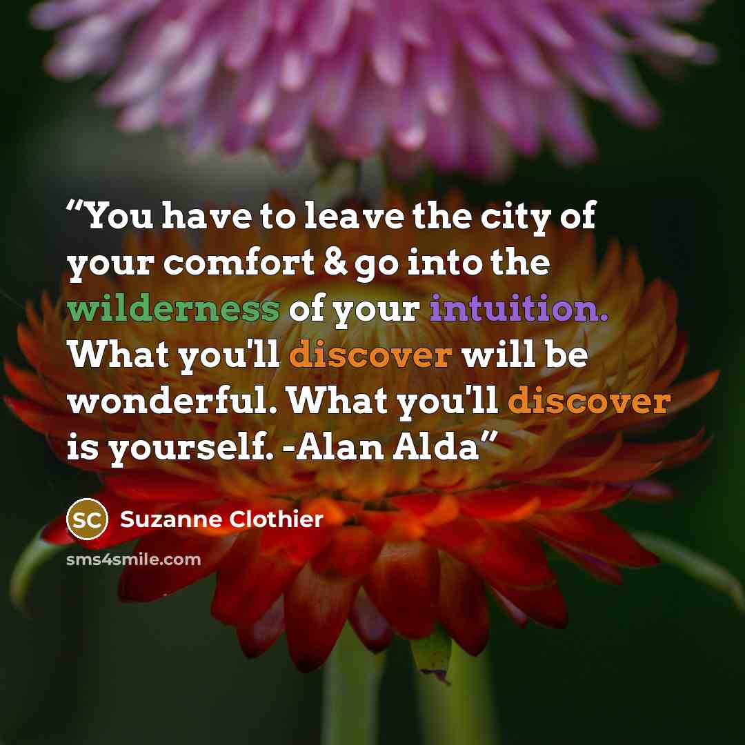 “You have to leave the city of your comfort & go into the wilderness of your intuition. What you'll discover will be wonderful. What you'll discover is yourself. -Alan Alda” quote by Suzanne Clothier