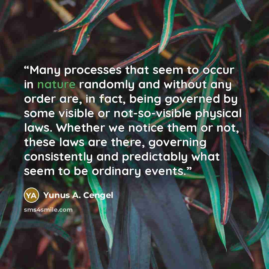 “Many processes that seem to occur in nature randomly and without any order are, in fact, being governed by some visible or not-so-visible physical laws. Whether we notice them or not, these laws are there, governing consistently and predictably what seem to be ordinary events.” quote by Yunus A. Cengel