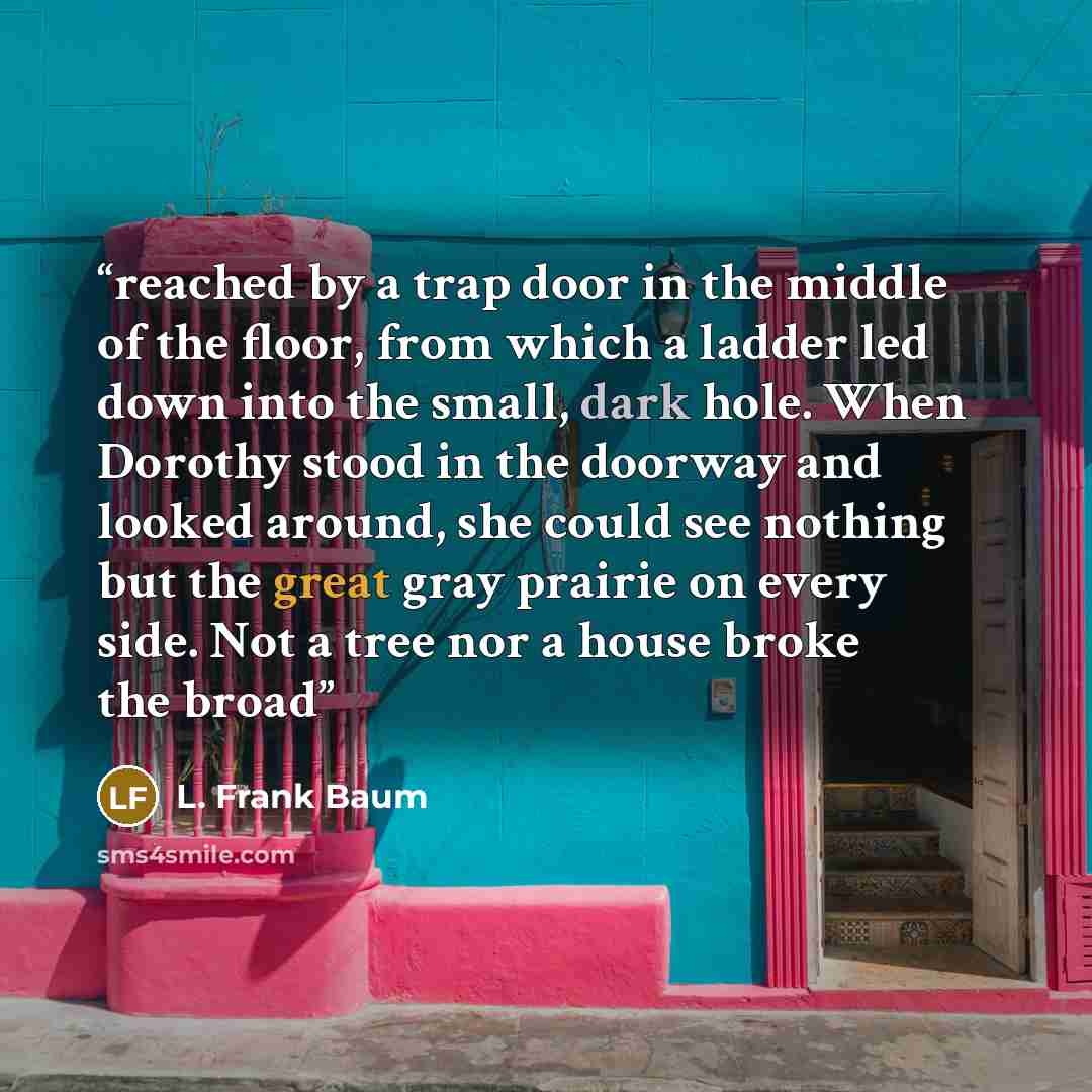 “reached by a trap door in the middle of the floor, from which a ladder led down into the small, dark hole. When Dorothy stood in the doorway and looked around, she could see nothing but the great gray prairie on every side. Not a tree nor a house broke the broad” quote by L. Frank Baum