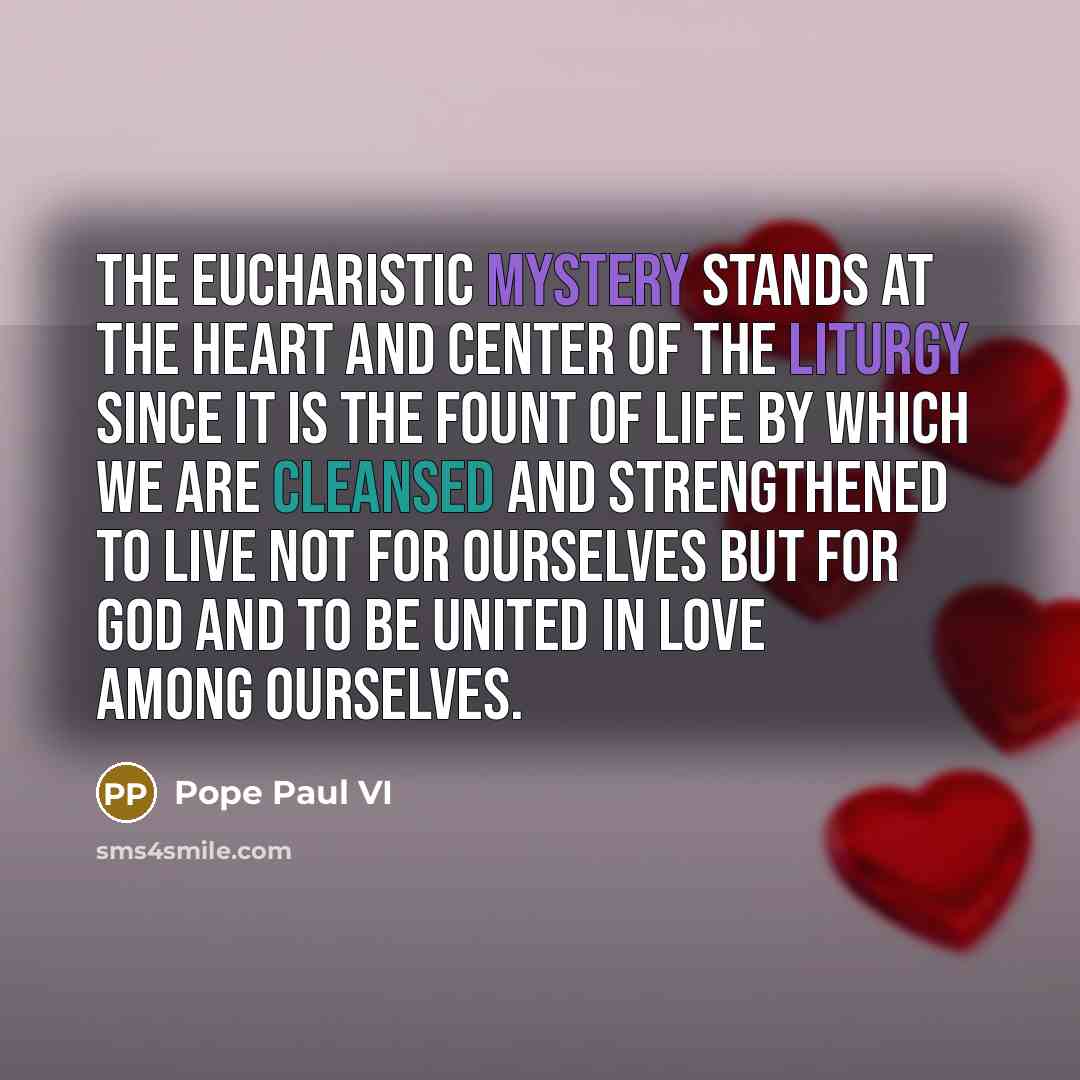 “The Eucharistic mystery stands at the heart and center of the liturgy since it is the fount of life by which we are cleansed and strengthened to live not for ourselves but for God and to be united in love among ourselves.” quote by Pope Paul VI