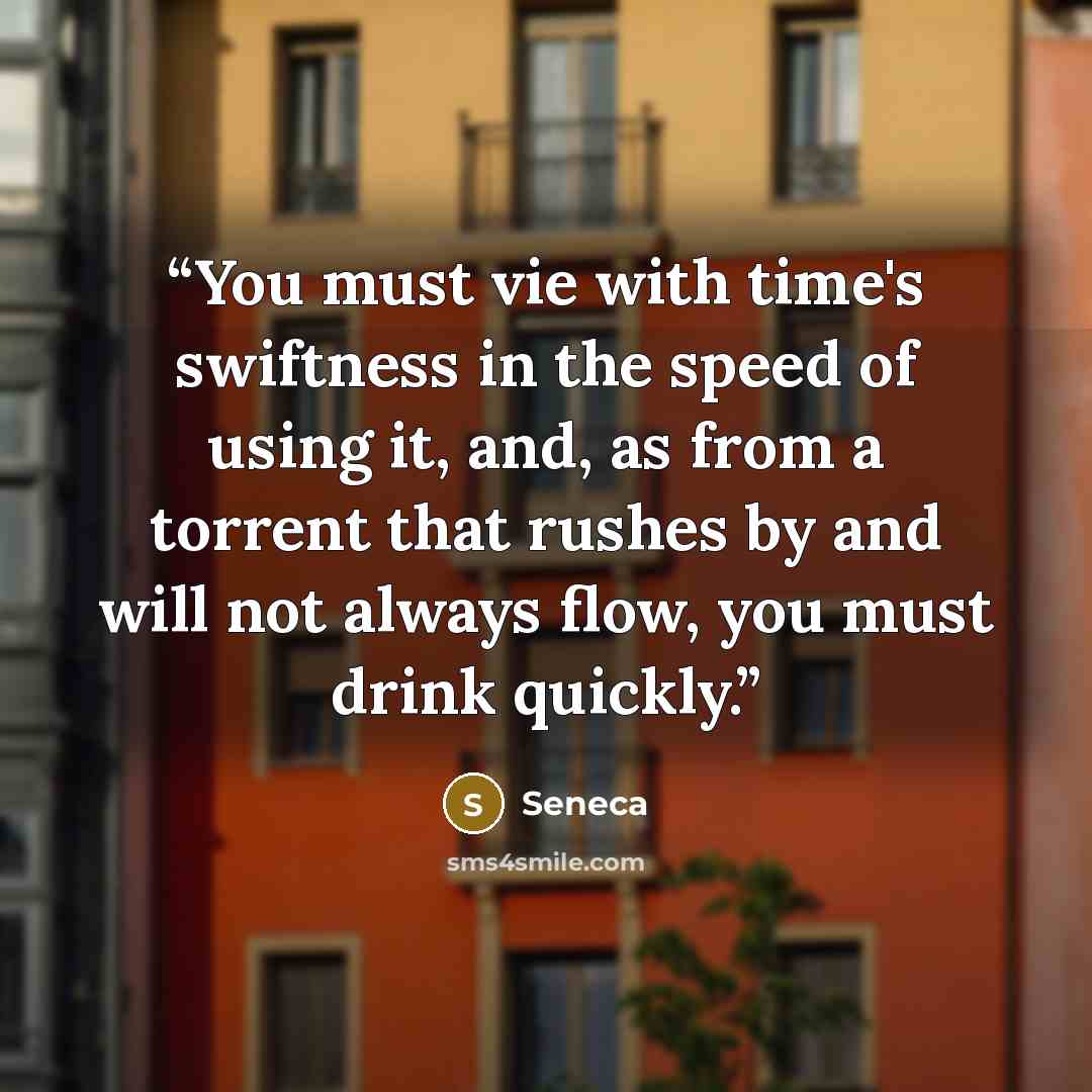 “You must vie with time's swiftness in the speed of using it, and, as from a torrent that rushes by and will not always flow, you must drink quickly.” quote by Seneca