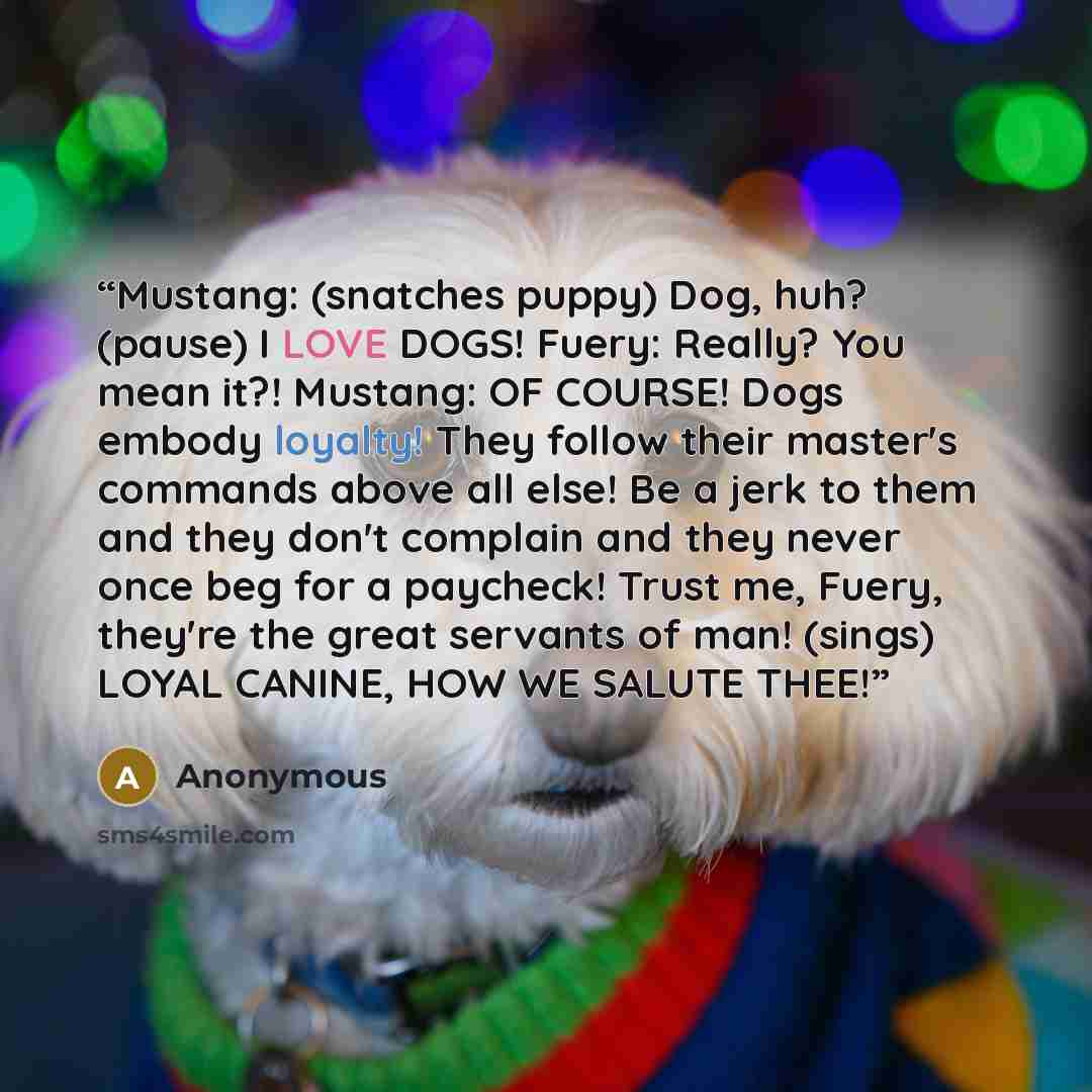 “Mustang: (snatches puppy) Dog, huh? (pause) I LOVE DOGS! Fuery: Really? You mean it?! Mustang: OF COURSE! Dogs embody loyalty! They follow their master's commands above all else! Be a jerk to them and they don't complain and they never once beg for a paycheck! Trust me, Fuery, they're the great…” quote by Anonymous