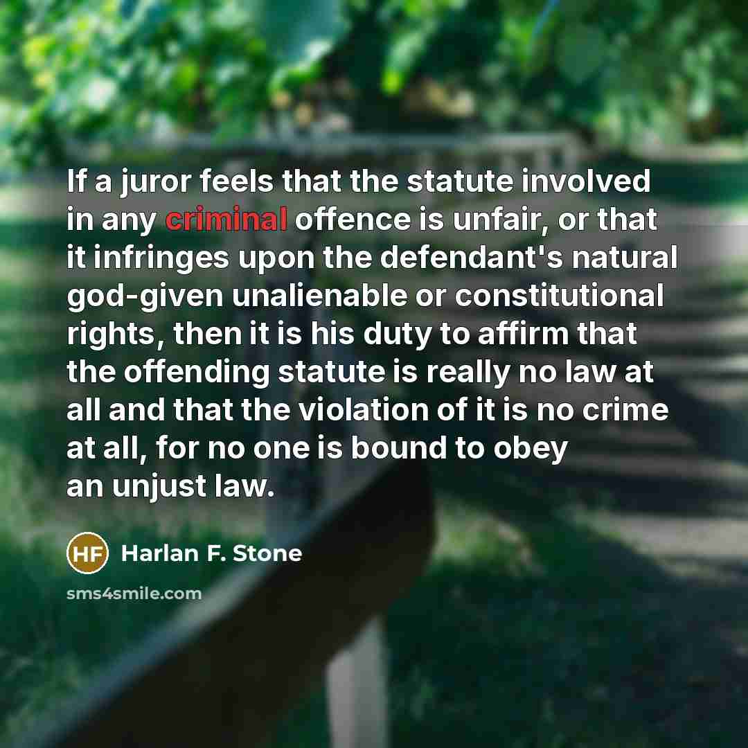 “If a juror feels that the statute involved in any…” quote by Harlan F. Stone