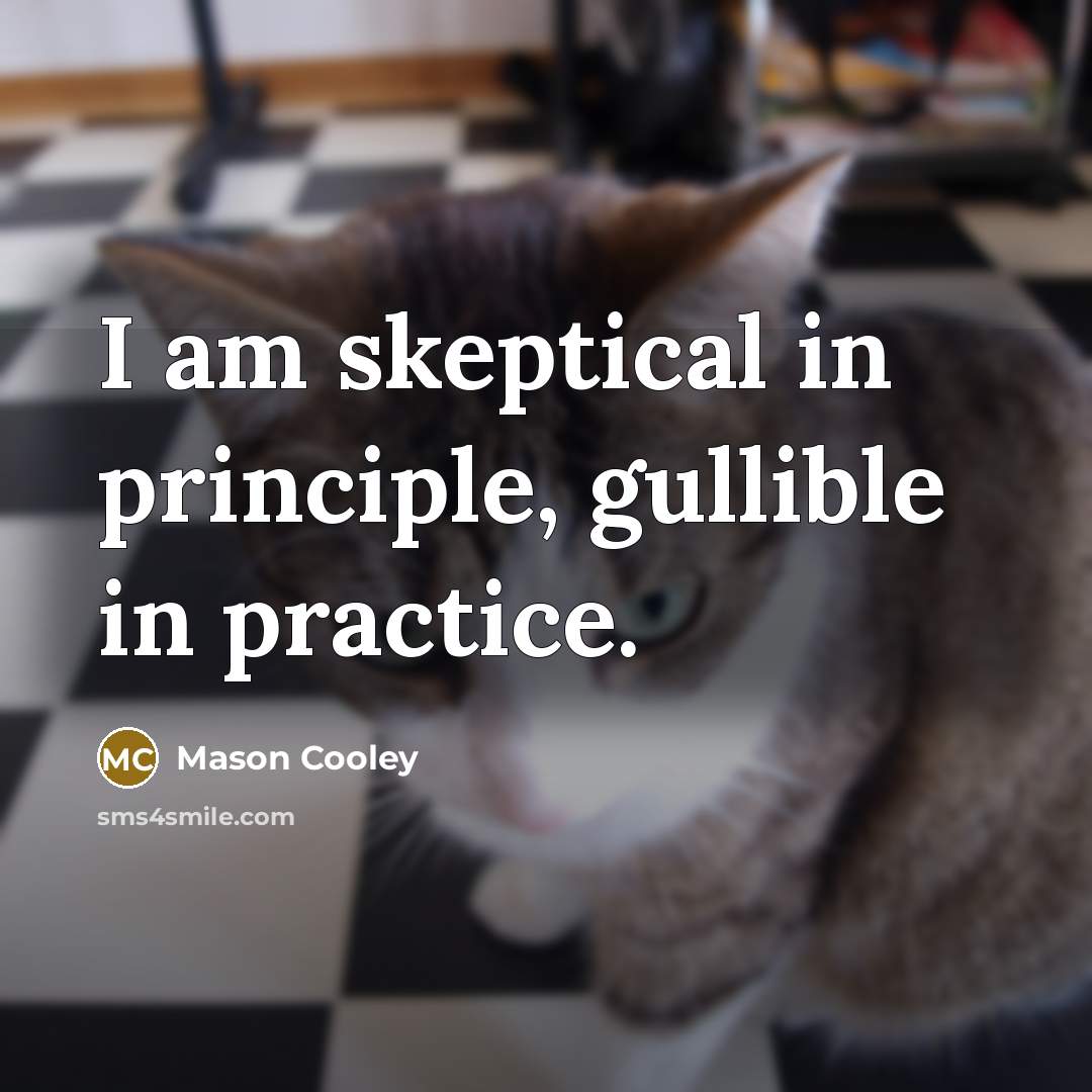 “I am skeptical in principle, gullible in practice.” quote by Mason Cooley