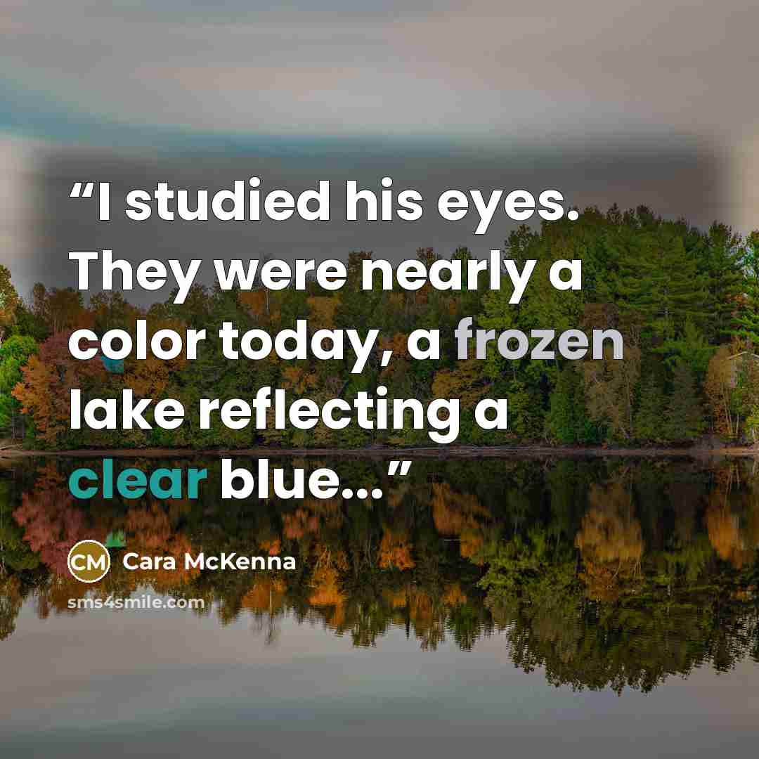 “I studied his eyes. They were nearly a color today, a frozen lake reflecting a clear blue...” quote by Cara McKenna