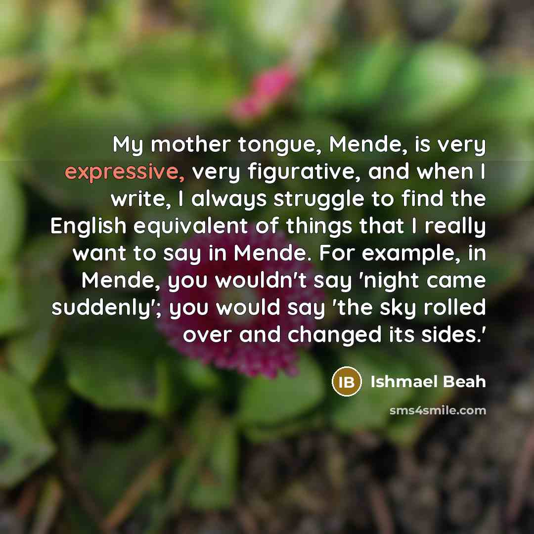 “My mother tongue, Mende, is very expressive, very figurative, and…” quote by Ishmael Beah