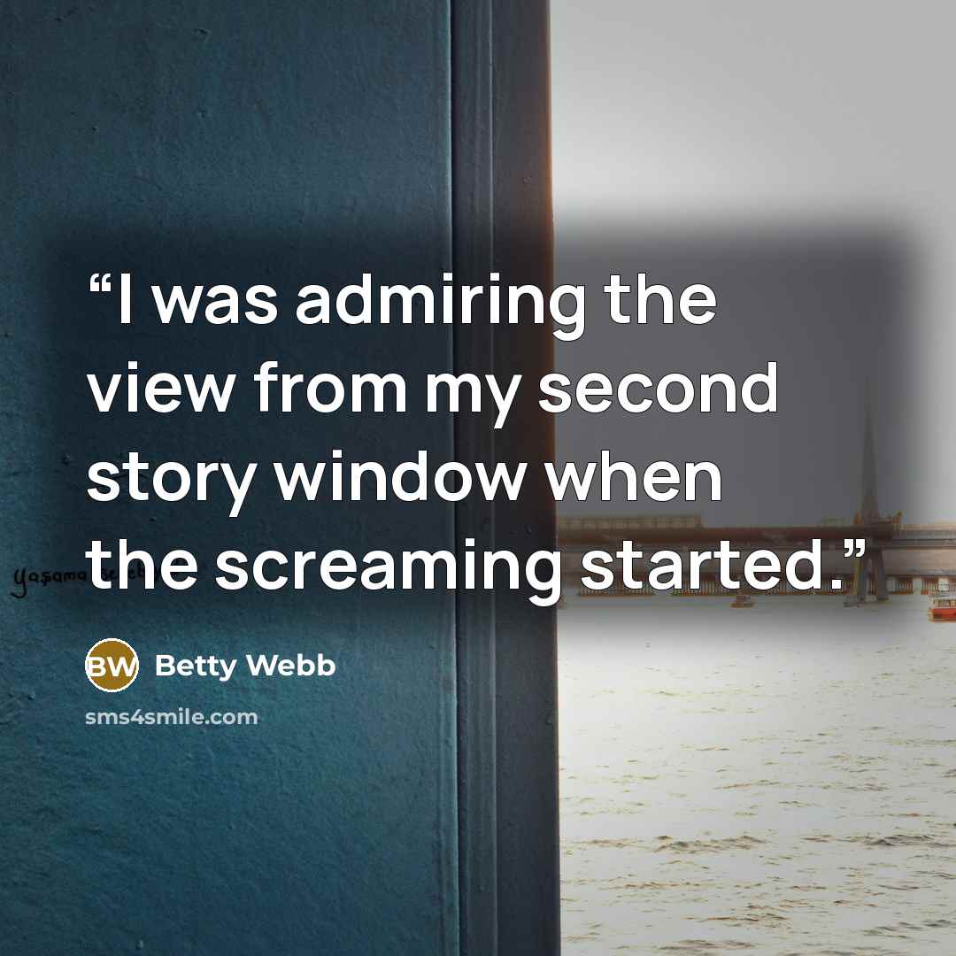 “I was admiring the view from my second story window when the screaming started.” quote by Betty Webb