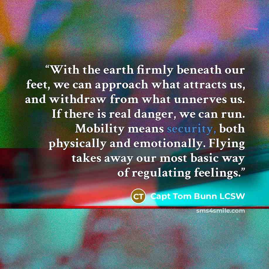 “With the earth firmly beneath our feet, we can approach what attracts us, and withdraw from what unnerves us. If there is real danger, we can run. Mobility means security, both physically and emotionally. Flying takes away our most basic way of regulating feelings.” quote by Capt Tom Bunn LCSW