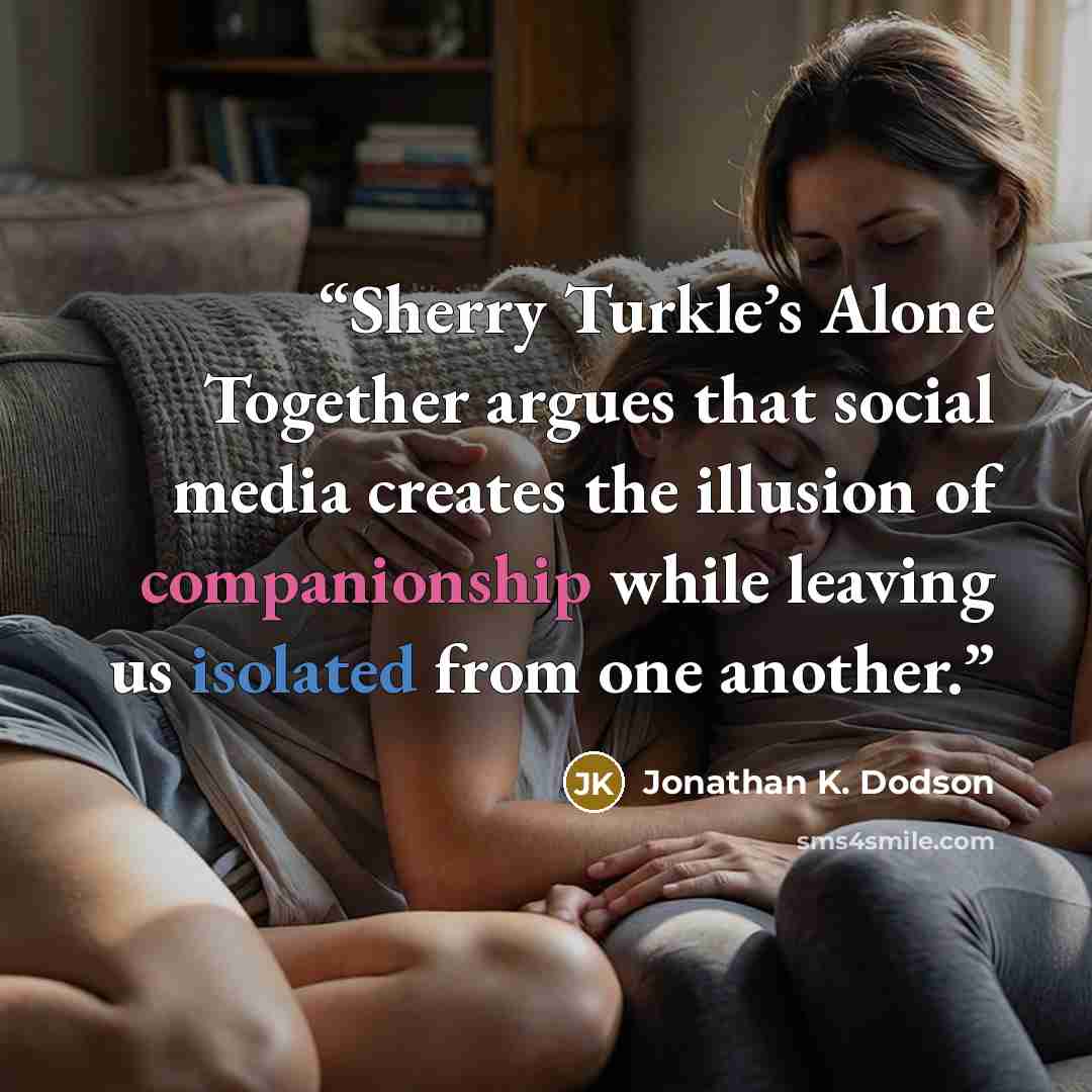 “Sherry Turkle’s Alone Together argues that social media creates the illusion of companionship while leaving us isolated from one another.” quote by Jonathan K. Dodson