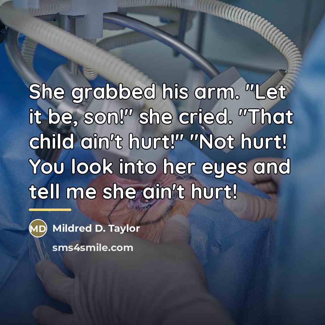 “She grabbed his arm. "Let it be, son!" she cried.…” quote by Mildred D. Taylor