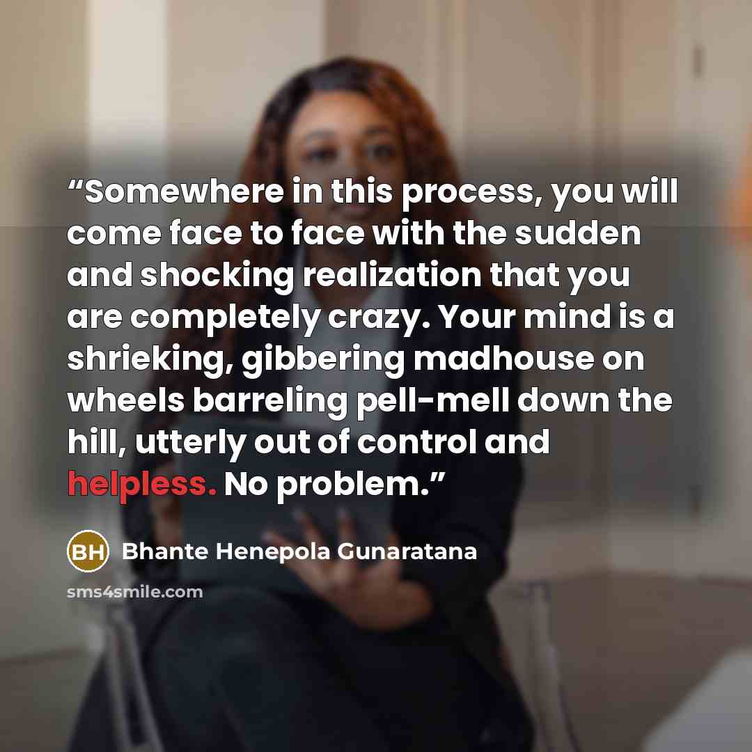 “Somewhere in this process, you will come face to face with the sudden and shocking realization that you are completely crazy. Your mind is a shrieking, gibbering madhouse on wheels barreling pell-mell down the hill, utterly out of control and helpless. No problem.” quote by Bhante Henepola Gunaratana